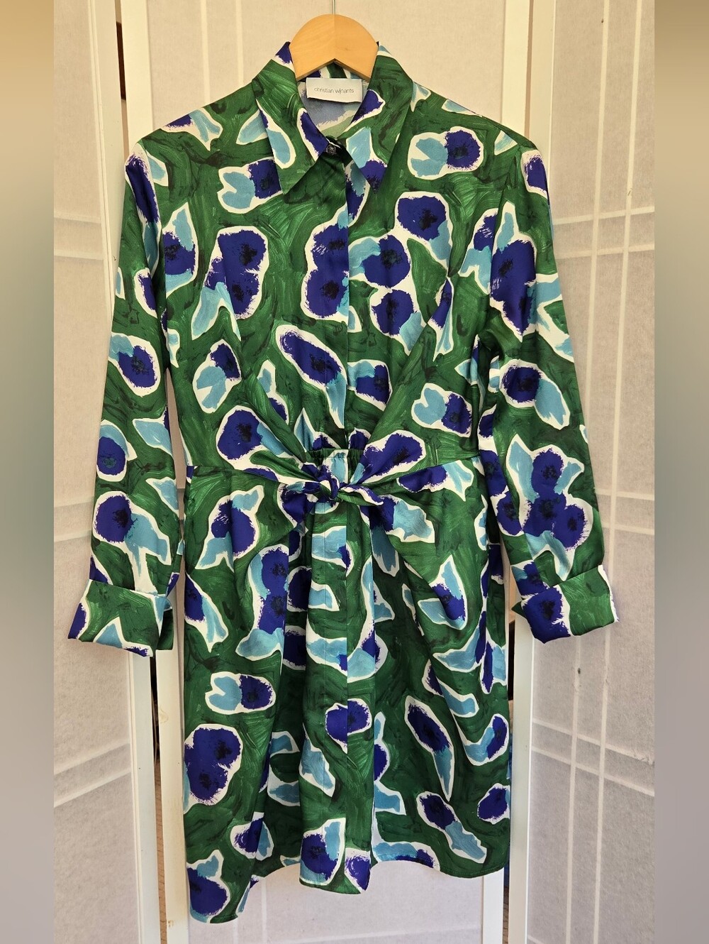 Long Sleeve Green Floral Shirt Dress with Tie Waist